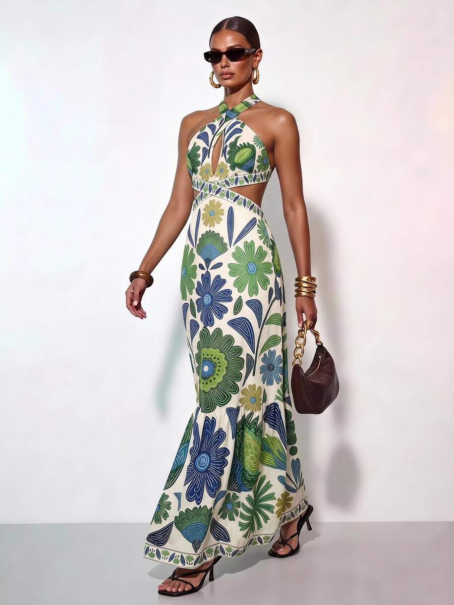 Zivah White Floral Summer Boho Holiday Vacation Holiday Dress,Cross Halter Neck Hollow Front Exposed Waist Back Strap Bow Decorated Hem Wedding Party - Green - View 1