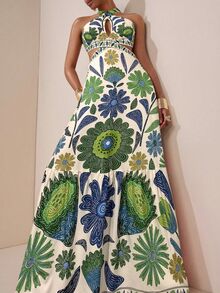 Zivah White Floral Summer Boho Holiday Vacation Holiday Dress,Cross Halter Neck Hollow Front Exposed Waist Back Strap Bow Decorated Hem Wedding Party - Green - View 3