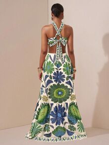 Zivah White Floral Summer Boho Holiday Vacation Holiday Dress,Cross Halter Neck Hollow Front Exposed Waist Back Strap Bow Decorated Hem Wedding Party - Green - View 2