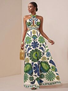 Zivah White Floral Summer Boho Holiday Vacation Holiday Dress,Cross Halter Neck Hollow Front Exposed Waist Back Strap Bow Decorated Hem Wedding Party - Green - View 5