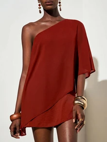 Zivah Summer New Casual Elegant Party Vacation Vacation Beach One Shoulder Cape Poncho Short Dress, Rust Brown For Women - Redwood - View 6