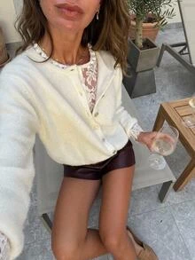 SHEIN Frenchy Women's Soft Lace Patchwork 2 In 1 Knit Cardigan Fall/Winter Elegant Formal Luxury Business Chic Basic Christmas Back To School Festival - Apricot - View 6