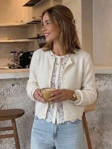 SHEIN Frenchy Women's Soft Lace Patchwork 2 In 1 Knit Cardigan Fall/Winter Elegant Formal Luxury Business Chic Basic Christmas Back To School Festival - Apricot - View 8