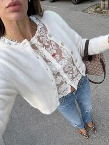 SHEIN Frenchy Women's Soft Lace Patchwork 2 In 1 Knit Cardigan Fall/Winter Elegant Formal Luxury Business Chic Basic Christmas Back To School Festival - Apricot - View 4