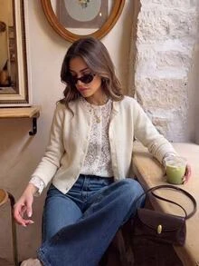 SHEIN Frenchy Women's Soft Lace Patchwork 2 In 1 Knit Cardigan Fall/Winter Elegant Formal Luxury Business Chic Basic Christmas Back To School Festival - Apricot - View 7