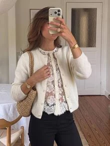 SHEIN Frenchy Women's Soft Lace Patchwork 2 In 1 Knit Cardigan Fall/Winter Elegant Formal Luxury Business Chic Basic Christmas Back To School Festival - Apricot - View 1