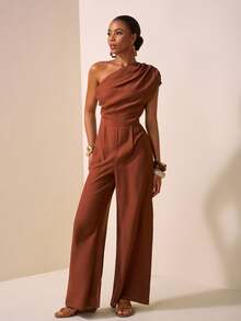 Zivah Rust Brown,Summer,Elegant,Bar Party Asymmetric Design Textured Linen Feeling Sleeveless Jumpsuit,Western Nomadic Daily Casual Vacation Beach Wear - Brown - View 5
