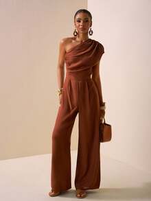 Zivah Rust Brown,Summer,Elegant,Bar Party Asymmetric Design Textured Linen Feeling Sleeveless Jumpsuit,Western Nomadic Daily Casual Vacation Beach Wear - Brown - View 4