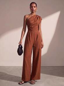 Zivah Rust Brown,Summer,Elegant,Bar Party Asymmetric Design Textured Linen Feeling Sleeveless Jumpsuit,Western Nomadic Daily Casual Vacation Beach Wear - Brown - View 1