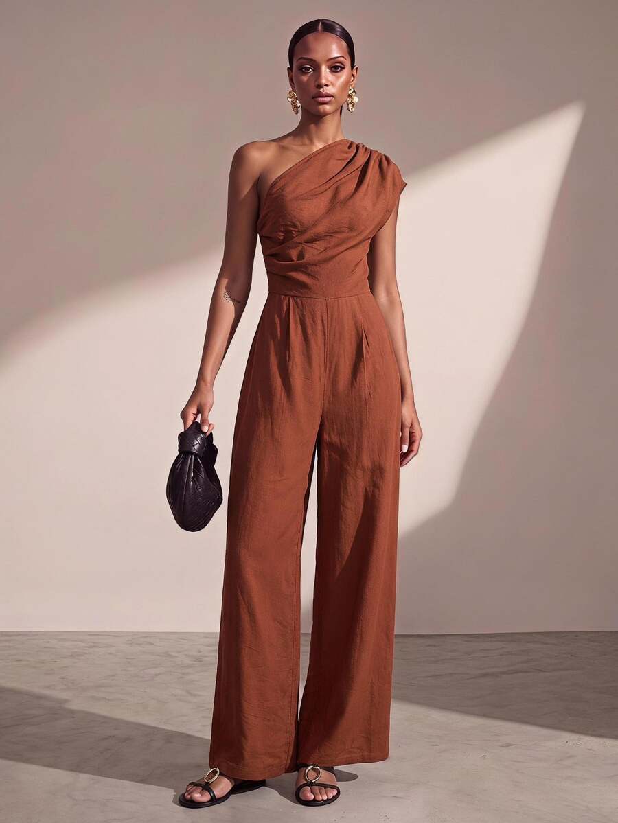 Zivah Rust Brown,Summer,Elegant,Bar Party Asymmetric Design Textured Linen Feeling Sleeveless Jumpsuit,Western Nomadic Daily Casual Vacation Beach Wear - Brown - View 1