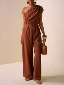 Zivah Rust Brown,Summer,Elegant,Bar Party Asymmetric Design Textured Linen Feeling Sleeveless Jumpsuit,Western Nomadic Daily Casual Vacation Beach Wear - Brown - View 6