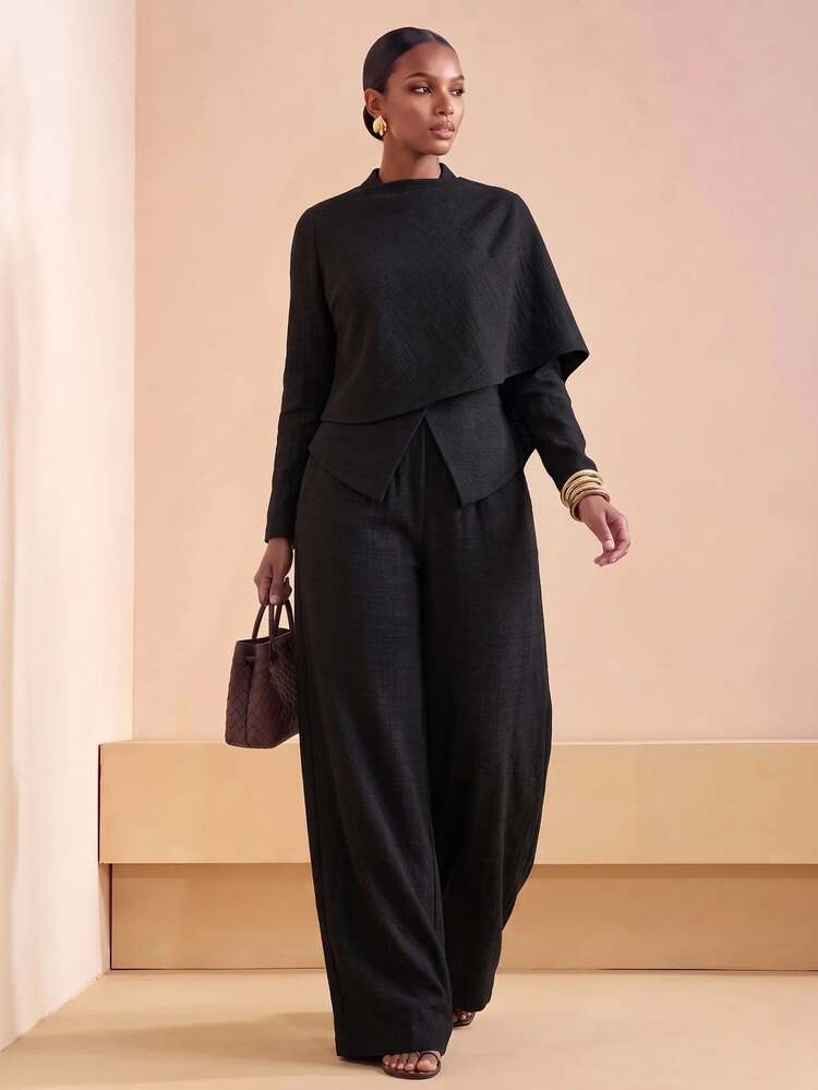 Zivah Women's Solid Color Long Sleeve Top And Long Sleeve Casual Daily 2 Pieces Set - Black - View 1
