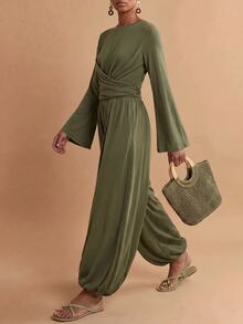 Zivah Women's Solid Color Pleated Long Sleeve Top And Pants Casual Elegant Daily 2 Pieces Set Brunch Tea Party Olive Green Fall - Army Green - View 10