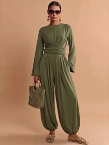 Zivah Women's Solid Color Pleated Long Sleeve Top And Pants Casual Elegant Daily 2 Pieces Set Brunch Tea Party Olive Green Fall - Army Green - View 11
