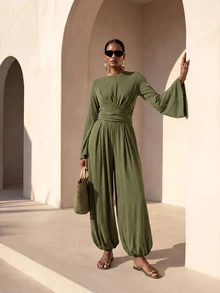 Zivah Women's Solid Color Pleated Long Sleeve Top And Pants Casual Elegant Daily 2 Pieces Set Brunch Tea Party Olive Green Fall - Army Green - View 7