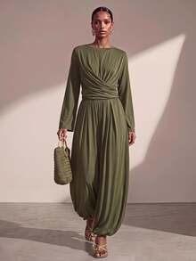 Zivah Women's Solid Color Pleated Long Sleeve Top And Pants Casual Elegant Daily 2 Pieces Set Brunch Tea Party Olive Green Fall - Army Green - View 2
