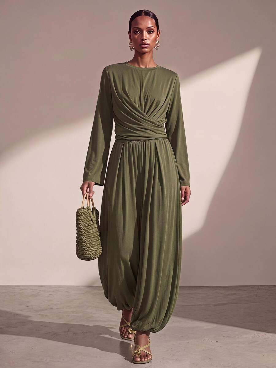 Zivah Women's Solid Color Pleated Long Sleeve Top And Pants Casual Elegant Daily 2 Pieces Set Brunch Tea Party Olive Green Fall