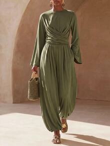 Zivah Women's Solid Color Pleated Long Sleeve Top And Pants Casual Elegant Daily 2 Pieces Set Brunch Tea Party Olive Green Fall - Army Green - View 8