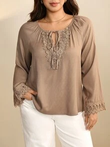 EMERY ROSE CURVE Plus Size Women's Autumn/Winter Fashion Casual Loose Comfortable Daily Basic V-Neck Lace Trim Patchwork Long Sleeve Blouse Fall - Khaki - View 8