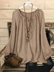EMERY ROSE CURVE Plus Size Women's Autumn/Winter Fashion Casual Loose Comfortable Daily Basic V-Neck Lace Trim Patchwork Long Sleeve Blouse Fall - Khaki - View 1