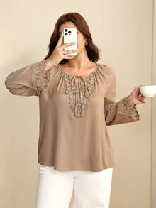 EMERY ROSE CURVE Plus Size Women's Autumn/Winter Fashion Casual Loose Comfortable Daily Basic V-Neck Lace Trim Patchwork Long Sleeve Blouse Fall - Khaki - View 4