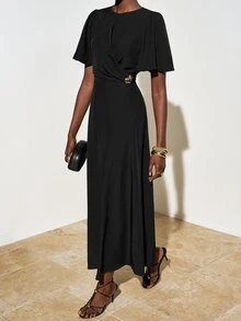 Zivah Elegant Black Summer Round Neck Short Ruffle Sleeve Long A-Line Dress,Metallic Decor Waist Pleated Dining Wedding Guest Boho Party Office Wear Dress - Black - View 5