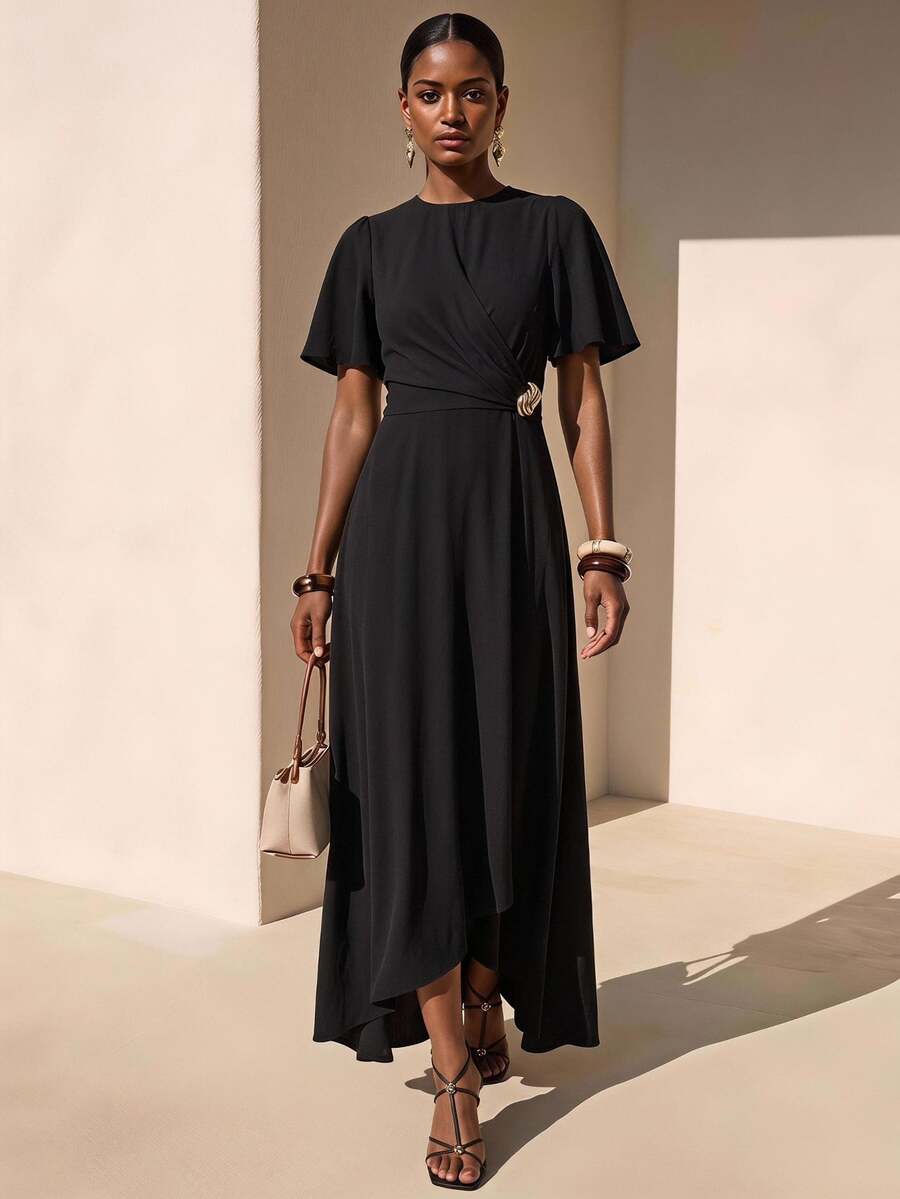 Zivah Elegant Black Summer Round Neck Short Ruffle Sleeve Long A-Line Dress,Metallic Decor Waist Pleated Dining Wedding Guest Boho Party Office Wear Dress