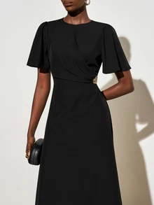Zivah Elegant Black Summer Round Neck Short Ruffle Sleeve Long A-Line Dress,Metallic Decor Waist Pleated Dining Wedding Guest Boho Party Office Wear Dress - Black - View 10