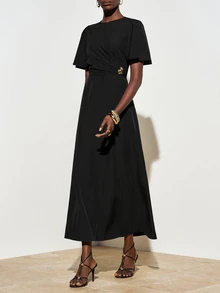 Zivah Elegant Black Summer Round Neck Short Ruffle Sleeve Long A-Line Dress,Metallic Decor Waist Pleated Dining Wedding Guest Boho Party Office Wear Dress - Black - View 6