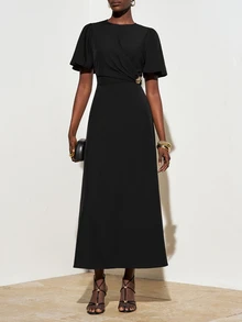 Zivah Elegant Black Summer Round Neck Short Ruffle Sleeve Long A-Line Dress,Metallic Decor Waist Pleated Dining Wedding Guest Boho Party Office Wear Dress - Black - View 8