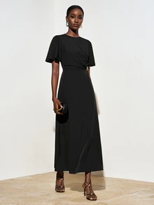 Zivah Elegant Black Summer Round Neck Short Ruffle Sleeve Long A-Line Dress,Metallic Decor Waist Pleated Dining Wedding Guest Boho Party Office Wear Dress - Black - View 9