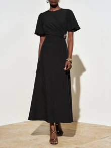 Zivah Elegant Black Summer Round Neck Short Ruffle Sleeve Long A-Line Dress,Metallic Decor Waist Pleated Dining Wedding Guest Boho Party Office Wear Dress - Black - View 7