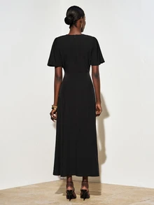 Zivah Elegant Black Summer Round Neck Short Ruffle Sleeve Long A-Line Dress,Metallic Decor Waist Pleated Dining Wedding Guest Boho Party Office Wear Dress - Black - View 3