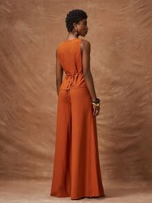 Zivah 2 piezas/Set Camiseta de tirantes con botones y textura de lino y pantalón de pierna ancha con bolsillos, conjunto naranja de primavera/verano 2026 para trabajar desde casa, vestido de trabajo para el Día del Rey, ropa de trabajo de dos piezas de lana para la oficina para mujeres Solicia - Marrón - Ver 3