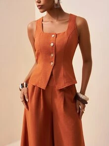 Zivah 2 piezas/Set Camiseta de tirantes con botones y textura de lino y pantalón de pierna ancha con bolsillos, conjunto naranja de primavera/verano 2026 para trabajar desde casa, vestido de trabajo para el Día del Rey, ropa de trabajo de dos piezas de lana para la oficina para mujeres Solicia - Marrón - Ver 4