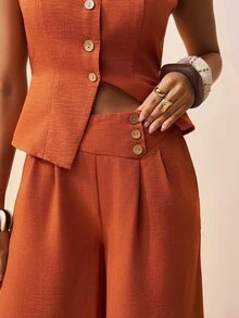 Zivah 2 piezas/Set Camiseta de tirantes con botones y textura de lino y pantalón de pierna ancha con bolsillos, conjunto naranja de primavera/verano 2026 para trabajar desde casa, vestido de trabajo para el Día del Rey, ropa de trabajo de dos piezas de lana para la oficina para mujeres Solicia - Marrón - Ver 5