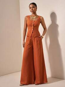 Zivah 2 piezas/Set Camiseta de tirantes con botones y textura de lino y pantalón de pierna ancha con bolsillos, conjunto naranja de primavera/verano 2026 para trabajar desde casa, vestido de trabajo para el Día del Rey, ropa de trabajo de dos piezas de lana para la oficina para mujeres Solicia - Marrón - Ver 9