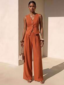 Zivah 2 piezas/Set Camiseta de tirantes con botones y textura de lino y pantalón de pierna ancha con bolsillos, conjunto naranja de primavera/verano 2026 para trabajar desde casa, vestido de trabajo para el Día del Rey, ropa de trabajo de dos piezas de lana para la oficina para mujeres Solicia - Marrón - Ver 2