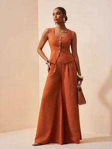 Zivah 2 piezas/Set Camiseta de tirantes con botones y textura de lino y pantalón de pierna ancha con bolsillos, conjunto naranja de primavera/verano 2026 para trabajar desde casa, vestido de trabajo para el Día del Rey, ropa de trabajo de dos piezas de lana para la oficina para mujeres Solicia - Marrón - Ver 7