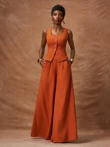 Zivah 2 piezas/Set Camiseta de tirantes con botones y textura de lino y pantalón de pierna ancha con bolsillos, conjunto naranja de primavera/verano 2026 para trabajar desde casa, vestido de trabajo para el Día del Rey, ropa de trabajo de dos piezas de lana para la oficina para mujeres Solicia - Marrón - Ver 8
