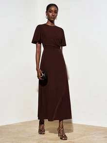 Zivah Elegant Dark Brown Summer Dinner Dress, Women's Round Neck Short Sleeve Ruffle Waist Pleated Metallic Decor Long A-Line Wedding Guest Dress - Brown - View 8