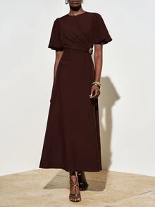 Zivah Elegant Dark Brown Summer Dinner Dress, Women's Round Neck Short Sleeve Ruffle Waist Pleated Metallic Decor Long A-Line Wedding Guest Dress - Brown - View 6
