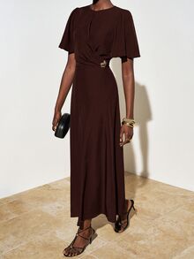 Zivah Elegant Dark Brown Summer Dinner Dress, Women's Round Neck Short Sleeve Ruffle Waist Pleated Metallic Decor Long A-Line Wedding Guest Dress - Brown - View 4