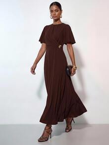Zivah Elegant Dark Brown Summer Dinner Dress, Women's Round Neck Short Sleeve Ruffle Waist Pleated Metallic Decor Long A-Line Wedding Guest Dress - Brown - View 1