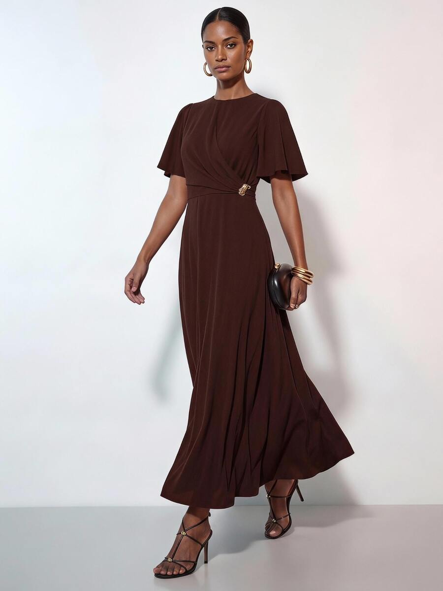 Zivah Elegant Dark Brown Summer Dinner Dress, Women's Round Neck Short Sleeve Ruffle Waist Pleated Metallic Decor Long A-Line Wedding Guest Dress - Brown - View 1