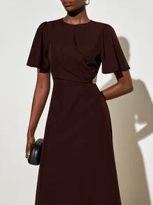 Zivah Elegant Dark Brown Summer Dinner Dress, Women's Round Neck Short Sleeve Ruffle Waist Pleated Metallic Decor Long A-Line Wedding Guest Dress - Brown - View 3