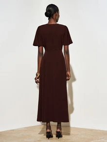 Zivah Elegant Dark Brown Summer Dinner Dress, Women's Round Neck Short Sleeve Ruffle Waist Pleated Metallic Decor Long A-Line Wedding Guest Dress - Brown - View 2