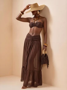 Zivah Latest Women's Elegant Hollow-Out Chiffon Skirt Cover-Up, Suitable For Beach, Pool Party, Vacation, Brown Summer - Brown - View 8