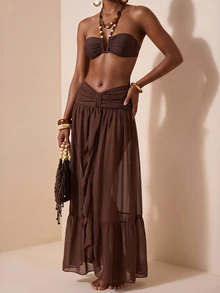 Zivah Latest Women's Elegant Hollow-Out Chiffon Skirt Cover-Up, Suitable For Beach, Pool Party, Vacation, Brown Summer - Brown - View 5