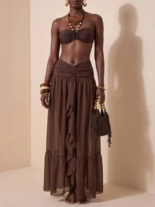 Zivah Latest Women's Elegant Hollow-Out Chiffon Skirt Cover-Up, Suitable For Beach, Pool Party, Vacation, Brown Summer - Brown - View 9